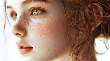 Close-up of a young woman with freckles. Her soft, textured skin and gentle gaze are captured in a warm and inviting light. photo