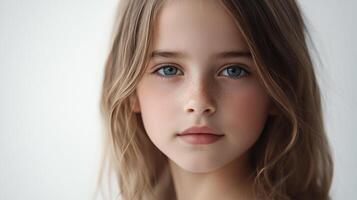 Portrait of a young girl with beautiful blue eyes and freckles, capturing her innocent charm and gentle features in a close-up shot. photo