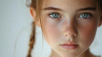 Close up portrait of a girl with light freckles. Her blue eyes are striking and expressive, drawing the viewer's attention. photo