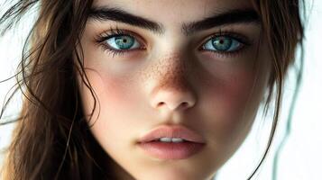 Close up of a woman's face with clear blue eyes, light freckles, and lightly flushed cheeks. Her dark eyebrows frame her bright eyes. photo