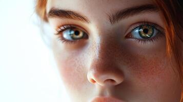 Close-up portrait showcasing the captivating beauty of a woman with striking features, green eyes, and delicate freckles adding charm. photo