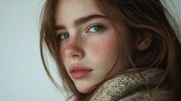 Close-up portrait of a youthful woman with freckles and green eyes, exuding natural beauty and charm in a minimalist setting. photo