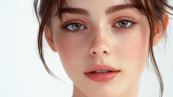 Close-up of a beautiful woman with hazel eyes, freckles, and rosy cheeks, showcasing a fresh, natural makeup look against a clean background. photo