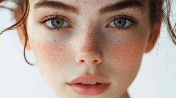 Close-up portrait reveals a person with fair skin adorned with natural freckles, and captivating light eyes that gaze directly forward. photo