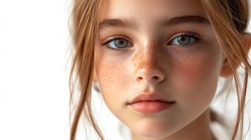Portrait of a young girl with freckles and light brown hair, looking directly at the viewer against a plain white background. photo