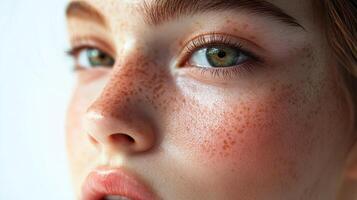 Close-up of a face highlighting freckles and natural beauty with soft lighting and focus on the detail of skin and eyes. photo