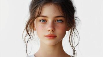 Portrait of a young girl with blue eyes and freckles looking directly at the camera, hair loosely styled, against a plain backdrop. photo