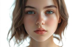 Close-up of a beautiful young woman with fair skin and blue eyes, natural makeup, and wavy light brown hair against a bright, soft background. photo