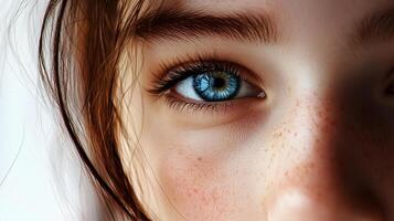 A close-up shot captures the striking details of a blue eye, accentuated by soft eyelashes, subtle freckles, and delicate eyebrow. photo