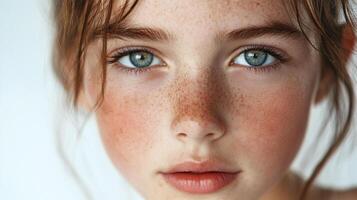 Close-up portrait showcases a young girl's beautiful face, with striking blue eyes, freckles, and fair skin, creating a captivating image. photo
