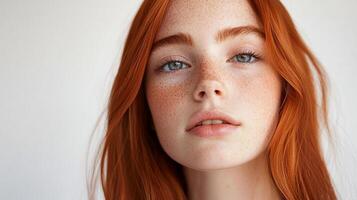 Portrait of a beautiful woman with vibrant red hair and striking freckles, against a neutral background. photo