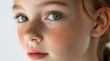 Close-up portrait of a girl with freckles and green eyes, focusing on her distinctive features and youthful appearance. photo