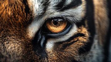 Detailed macro image of a wild animal's piercing eye. The big cat's face and coat are visible with vibrant colors and intricate patterns. photo