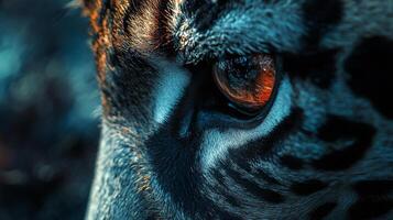 A close-up shows the intense gaze of a jaguar, its orange eye piercing through a dark, textured coat. The wild nature is captured intensely. photo