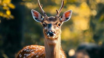 A spotted deer looks directly at the camera, standing in front of a blurred, sunlit forest. Gentle eyes show natural curiosity. photo