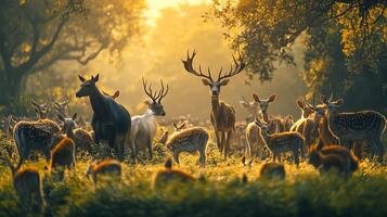 Majestic deer gather in a sun-drenched forest clearing, their antlers silhouetted against the golden light. Harmony in nature. photo