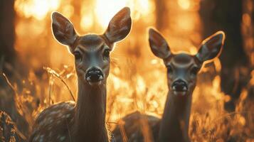 Two young deers standing in tall grass, bathed in the warm golden light of the sunset, their ears perked up alertly. photo