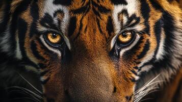 Intense close-up of a tiger's face, highlighting its piercing eyes and distinctive stripes, showcasing the animal's power and wild nature. photo
