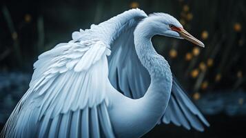Elegant heron in flight, showcasing majestic white wings and grace. A serene moment captured amidst a dimly lit natural environment. photo