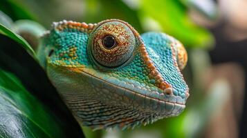 A vibrant chameleon gazes forward with its large, textured eye, blending seamlessly with the lush green foliage in its natural habitat. photo