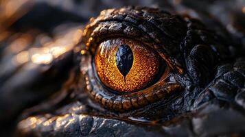A striking macro image capturing the intense gaze of an alligator's golden eye, revealing intricate details of its textured scales. photo