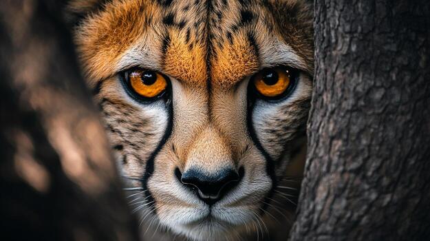 intenso mirada de un leopardo mirando fuera desde detrás un árbol, mostrando sus hermosa piel patrones y cautivador, dorado ojos. foto