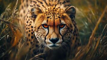 A captivating close-up of a cheetah, its eyes gleaming with focus as it blends into the tall grasses, showcasing its predatory prowess. photo