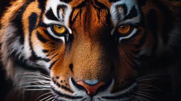 A striking close-up reveals the intense gaze of a tiger, showcasing its orange fur and black stripes, capturing the essence of wildlife. photo