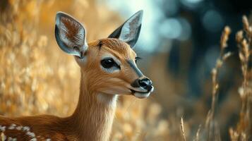 A graceful fawn stands alert in a sunlit meadow, its gentle eyes reflecting the tranquility of its natural habitat. photo