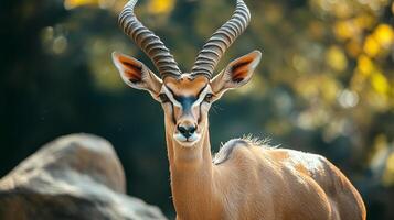 Elegant gazelle portrait showcasing its spiral horns and captivating gaze, set against a bokeh-filled natural backdrop with serene ambiance. photo