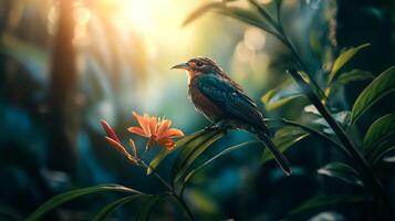 Small bird with bright plumage, perched on a leaf next to a flower. Natural sunlight filters through the foliage creating a bokeh effect. photo