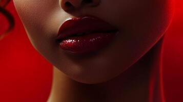 Close-up shot of lips coated in glossy, deep red, reflecting light with a vibrant and striking effect. Red background enhances the lips. photo