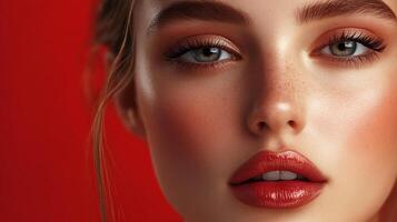 Close-up portrait showcasing radiant makeup on fair skin, emphasizing glossy red lips and warm eyeshadow against a vibrant red backdrop. photo