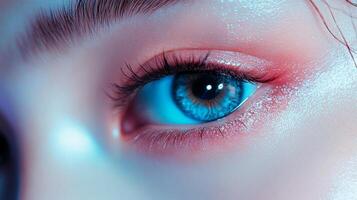 A striking close-up captures the intense gaze of a blue eye, enhanced with pink makeup, under cool, ethereal lighting, highlighting depth. photo