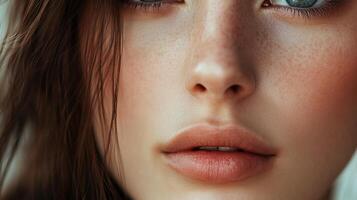 Close-up of a woman's face, showcasing her skin texture, freckles, blue eyes, and full lips in soft focus. Beauty and natural skin are highlighted. photo