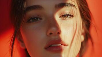 Portrait of a girl with brown hair, soft skin, freckles, and beautiful eyes with a warm sunlight filter on her face. photo