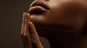 Close-up of woman's face, showing healthy skin and glossy lips in a skincare context, ideal for beauty and personal care promotions. photo