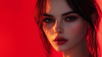 Striking portrait of a beautiful woman with captivating eyes, illuminated by a vibrant red light, showcasing elegance and allure. photo