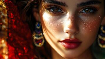 Close-up of a woman's face with warm skin tones and striking features, enhanced by delicate freckles and bold red lips. photo