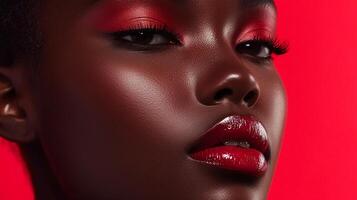 Striking red makeup enhances a dark-skinned model's close-up. Bold colors and glossy lips create an alluring, vibrant effect. photo