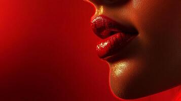 Close up of red lips with glossy lipstick against a red background. Dramatic lighting accentuates the texture of the lips and skin. photo