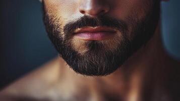 Close-up of a man's lower face featuring a well-groomed, dark beard and visible lips, set against a softly blurred background. photo
