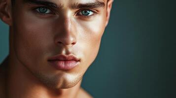 Close-up portrait capturing the sharp features and striking blue eyes of a handsome man with glowing skin against a neutral backdrop. photo