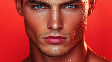 Intense portrait of a man with striking blue eyes and a sweaty complexion against a vivid red background. Fitness or skincare theme. photo