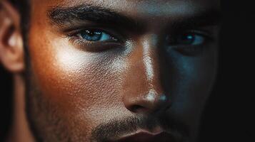 Intense close-up portrait of a man with striking blue eyes, sweat-glistened skin, and dramatic lighting creating a powerful visual impact. photo