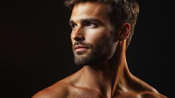 Portrait of a handsome man with dark hair and a beard against a black background, looking away with a serious expression on his face. photo