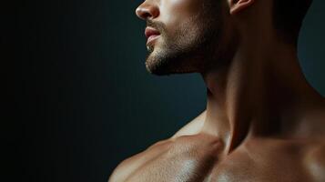 Portrait of a man in a side angle showing his muscular physique, emphasizing strength and masculinity in a modern and artistic style. photo