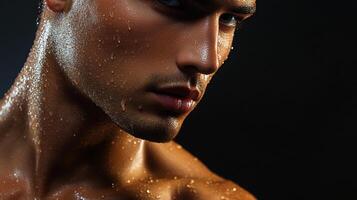 Close-up of a man's face, drenched in sweat, set against a dark background, highlighting his intense gaze and physical exertion. photo