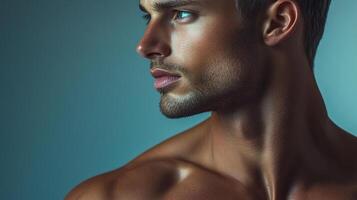 Portrait of a handsome man. Clean skin, perfect features, and a stoic expression. Intense eyes. Sophisticated and confident demeanor. photo