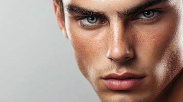 A close-up shot of a man's face with freckles, captivating eyes, and defined features, showcasing natural beauty in high definition. photo